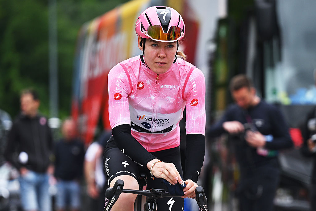 Anna van der Breggen (SD Worx - Protime) heads to the start of stage 5 of the 2026 Giro d'Italia Women wearing the pink jersey of overall leader in Longarone. (Photo by Luc Claessen/Getty Images)