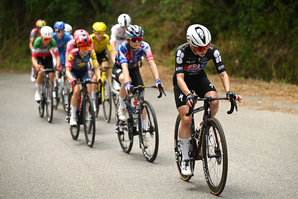 Lauren Dickson (FDJ United-SUEZ) leads a group of favourites on the Montoso climb during stage 9 of the 2026 Giro d'Italia Women. (Photo by Luc Claessen/Getty Images)
