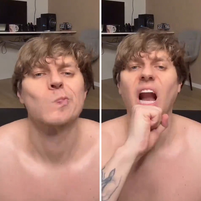Man demonstrating jaw exercises with facial movements for transformation Man demonstrating jaw exercises with facial movements for transformation
