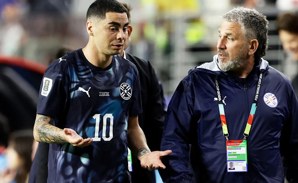 Miguel Almiron, pictured here after receiving a red card in Paraguay's game against Turkiye at the World Cup.