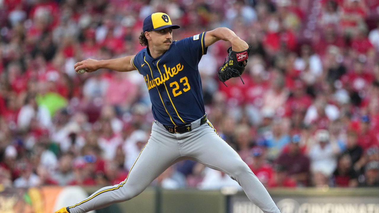 Milwaukee Brewers' Brandon Sproat delivers during the fourth inning of a baseball game against the Cincinnati Reds, Tuesday, June 23, 2026, in Cincinnati. (AP Photo/Kareem Elgazzar)