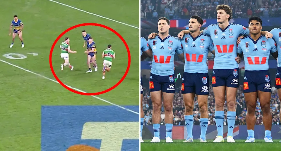 Mitch Moses with NSW teammates and during Parramatta's loss to Souths.