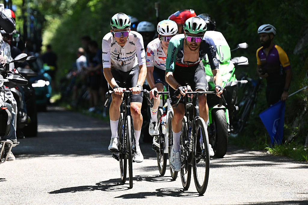 GRAND COLOMBIER, FRANCE - JUNE 13: (L-R) Paul Seixas of France and Team Decathlon CMA CGM - White Best Young Rider Jersey and Aurelien Paret-Peintre of France and Team Decathlon CMA CGM compete during the 78th Tour Auvergne-Rhone-Alpes 2026, Stage 7 a 133.6km stage from La Bridoire to Grand Colombier 1496m / #UCIWT / on June 13, 2026 in Grand Colombier, France. (Photo by Dario Belingheri/Getty Images)