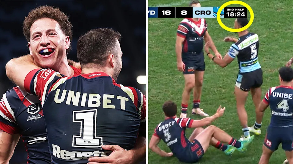 Mark Nawaqanitawase celebrates a try and James Tedesco reacting after a dropped ball.