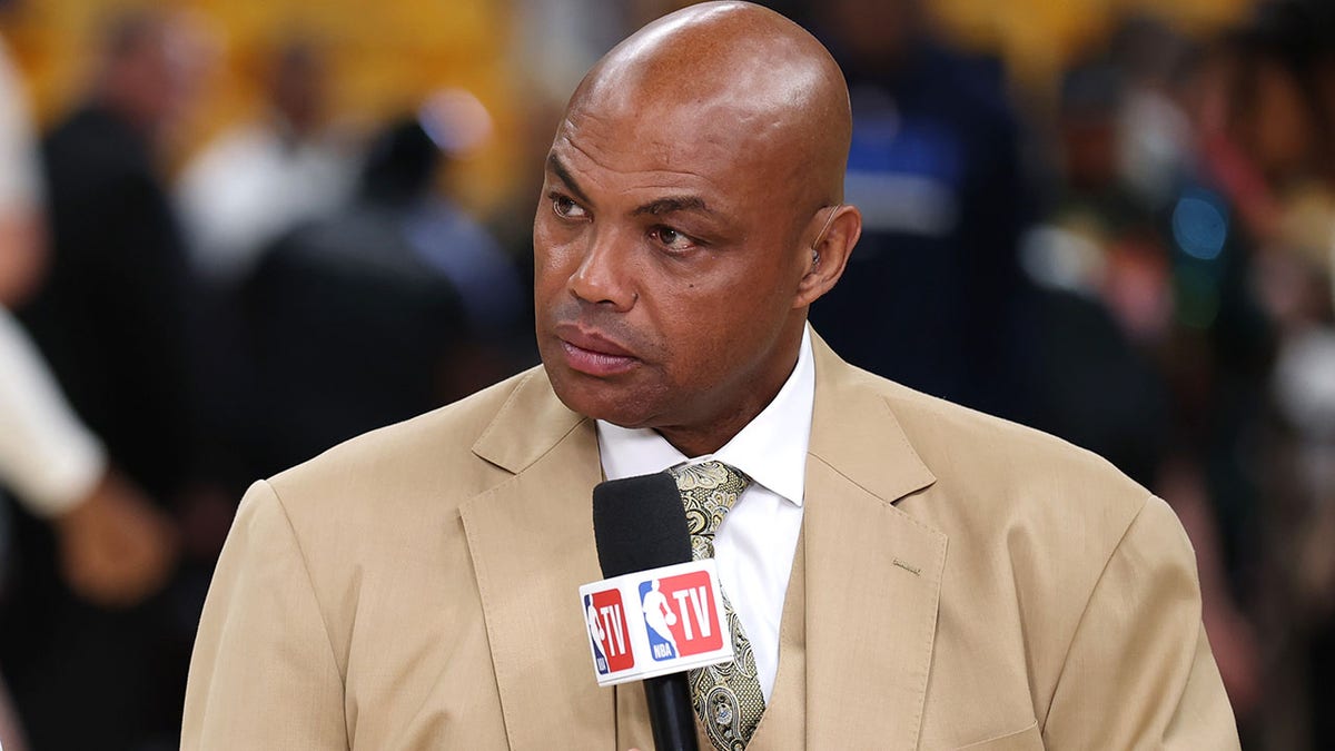 Charles Barkley looking on before Oklahoma City Thunder and Indiana Pacers play at Gainbridge Fieldhouse