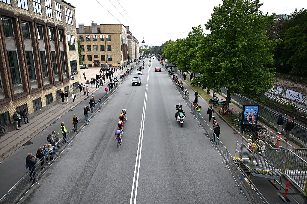 COPENHAGEN, DENMARK - JUNE 14: A general view of Anders Foldager of Denmark and Team Jayco AlUla, Rune Herregodts of Belgium and UAE Team Emirates - XRG, William Blume Levy of Denmark and Team Uno-X Mobility and Mads Andersen of Denmark and Team Denmark compete in the breakaway during the 2nd Copenhagen Sprint 2026 - Men&amp;apos;s Elite a 228.2km one day race from Roskilde to Copenhagen / #UCIWT / on June 14, 2026 in Copenhagen, Denmark. (Photo by Luc Claessen/Getty Images)