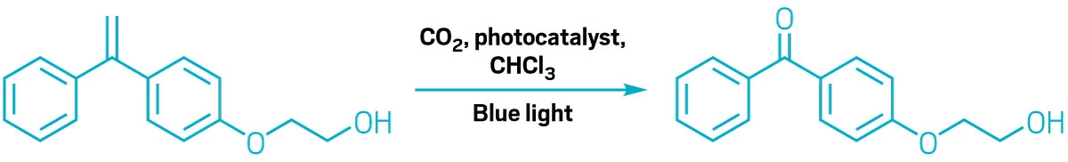 Chemical reaction scheme showing an organic molecule with a carbon-carbon double bond being converted into a ketone using carbon dioxide and an iron catalyst.