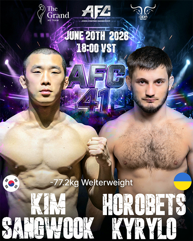 Road to UFC season 4 lightweight runner-up Kim Sang-wook will compete with Grappling European Championship gold medalist Kirill Horovets in mixed martial arts welterweight through AFC 41 at a special cage at Vietnam's five-star hotel The Grand Hojam in June 2026. 사진=Angel‘s Fighting Championship
