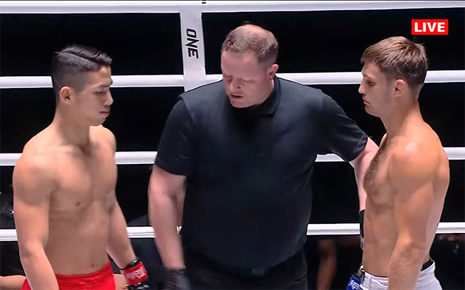 Yoon Chang-min faces Kirill Horovets ahead of the ONE Friday Fights 9 MMA match at Roompini Stadium in Bangkok, Thailand, in March 2023. 사진=Group One Holdings Pte. Ltd.