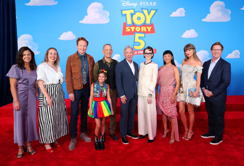 Lindsey Collins, Kenna Harris, Conan O'Brien, Scarlett Spears, Tom Hanks, Tim Allen, Joan Cusack, Greta Lee, Taylor Swift and Andrew Stanton at the "Toy Story 5" premiere