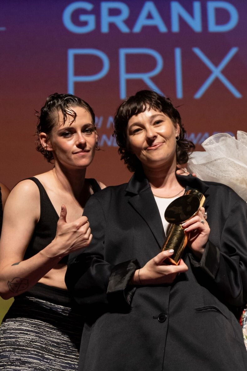 Kristen Stewart poses onstage with Paloma Schneideman at the 4th Nouvelles Vagues International Biarritz Film Festival closing ceremony after Big Girls Don’t Cry won the Grand Prix.
