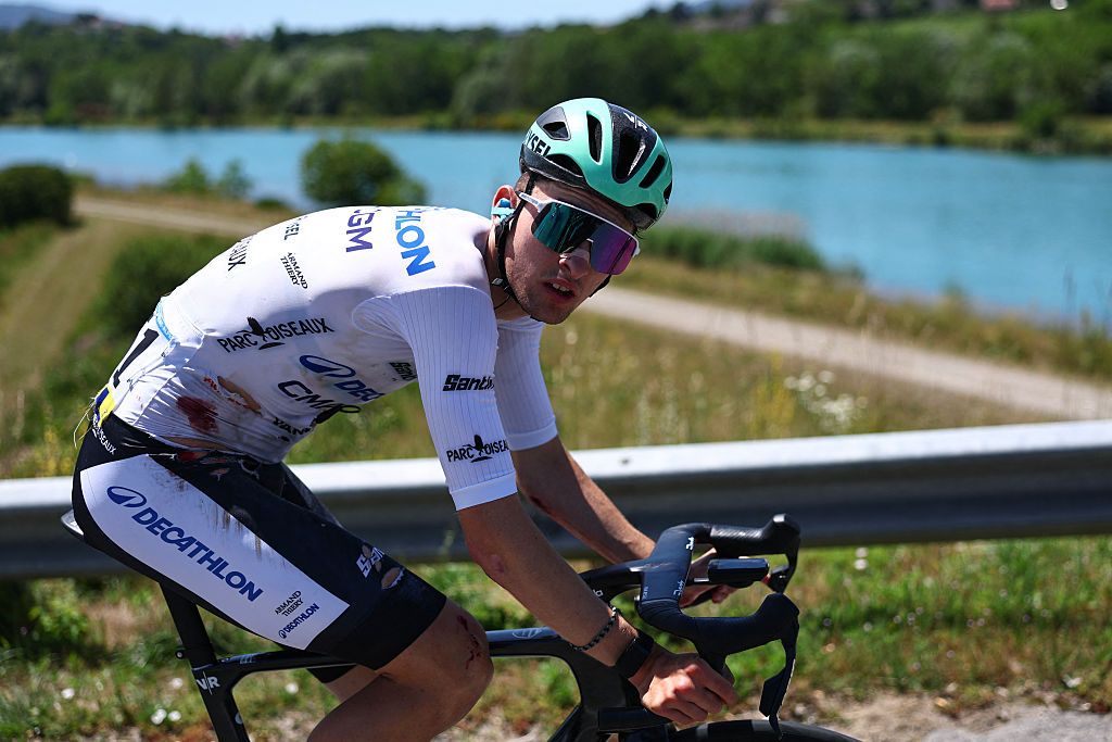 Paul Seixas after his crash (Photo by Anne-Christine POUJOULAT / AFP via Getty Images)