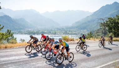 Riders take on a coastal road overlooking Marmaris during L