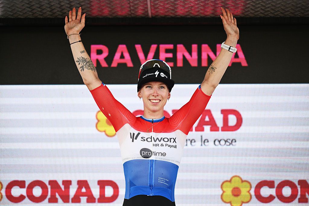 Lorena Wiebes of Netherlands and Team SD Worx - Protime celebrates at podium as stage winner during the 37th Giro d'Italia Women