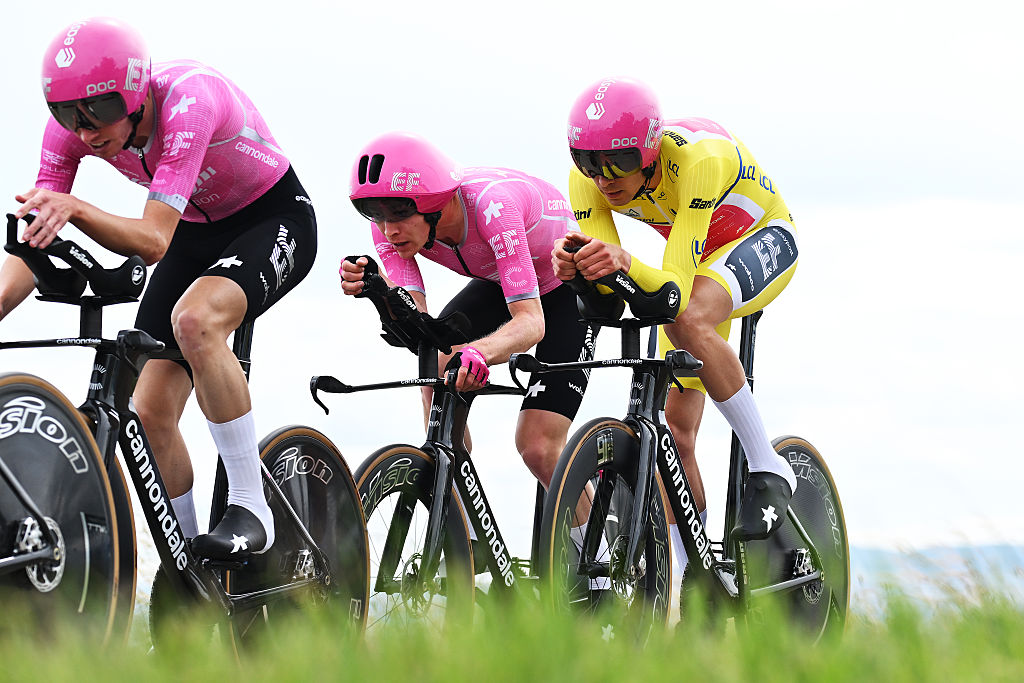 PERREUX, FRANCE - JUNE 09: (L-R) Georg Steinhauser of Germany and Alex Baudin of France and Team EF Education - EasyPost - Yellow Leader Jersey compete during the 78th Tour Auvergne-Rhone-Alpes 2026, Stage 3 a 28.4km team time trial stage from Perreux to Perreux / #UCIWT / on June 09, 2026 in Perreux, France. (Photo by Dario Belingheri/Getty Images)
