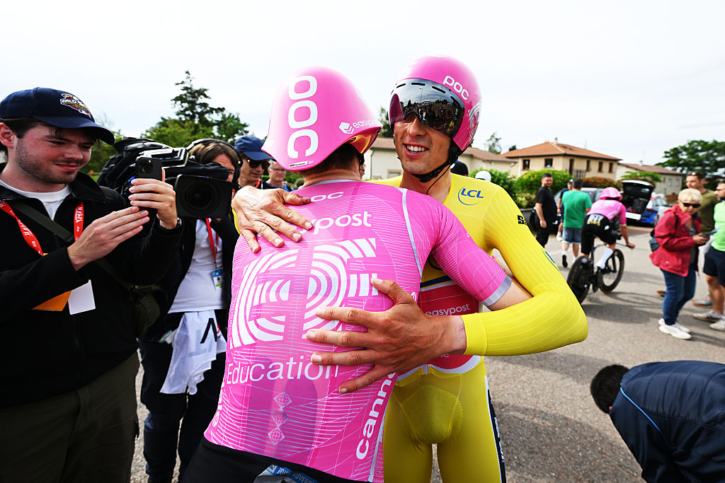 PERREUX, FRANCE - JUNE 09: The third place winners, Georg Steinhauser of Germany, Alex Baudin of France - Yellow leader jersey and Team EF Education - EasyPost reacts after the 78th Tour Auvergne-Rhone-Alpes 2026, Stage 3 a 28.4km team time trial stage from Perreux to Perreux / #UCIWT / on June 09, 2026 in Perreux, France. (Photo by Dario Belingheri/Getty Images)