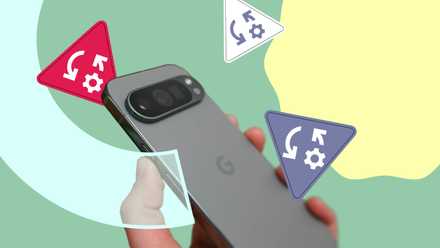 A hand holding a Google Pixel smartphone with floating 'Rules' icons around it