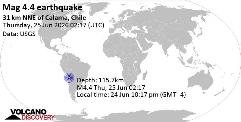 4.4 quake 32 km north of Calama, Provincia de El Loa, Region de Antofagasta, Chile, Jun 24, 2026 10:17 pm (Santiago time)