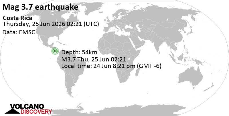 3.7 quake 25 km south of San Jose, Provincia de San Jose, Costa Rica, Jun 24, 2026 08:21 pm (Costa Rica time)