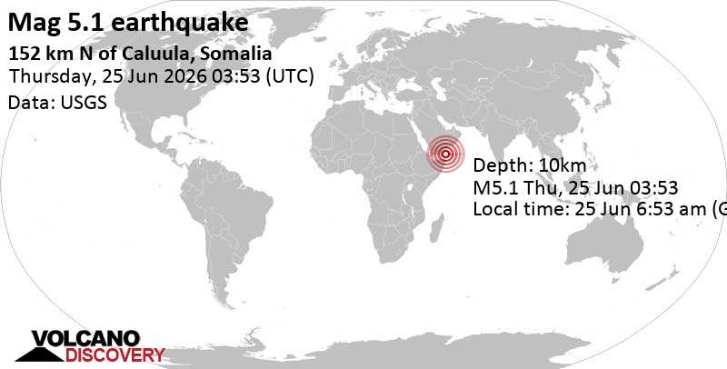 5.1 quake 179 km north of El Dibir, Bari, Somalia, Jun 25, 2026 06:53 am (GMT +3)