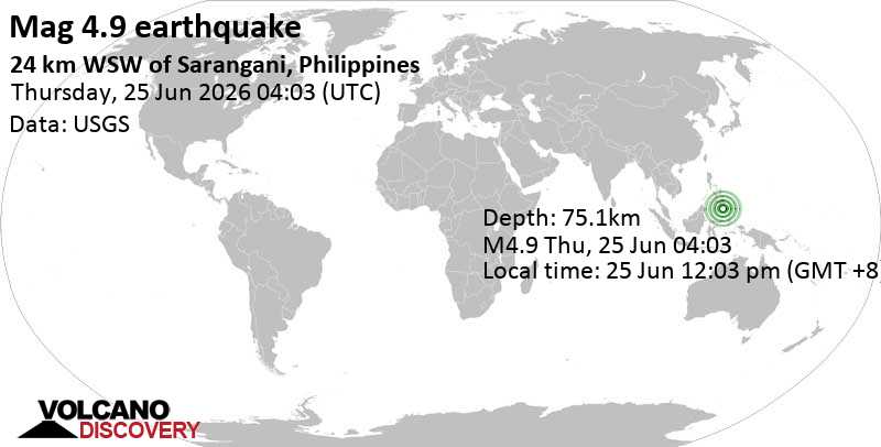 4.9 quake Celebes Sea, 28 km southwest of Sarangani Island, Philippines, Jun 25, 2026 12:03 pm (Manila time)