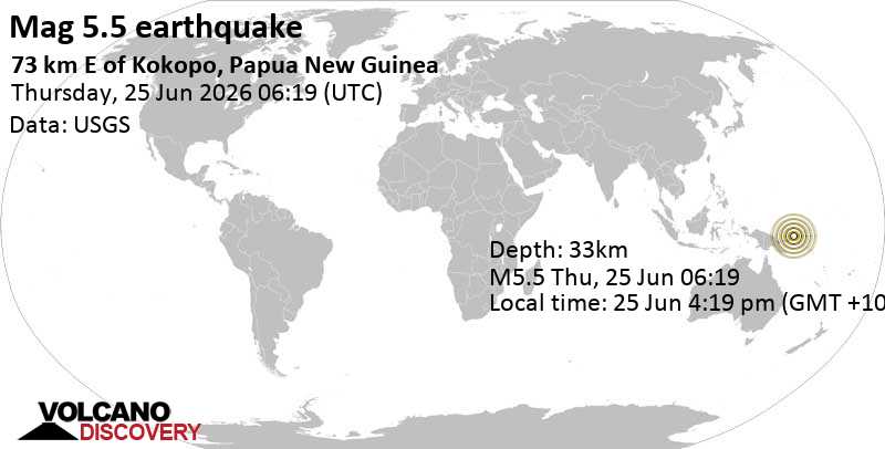 5.5 quake New Ireland Province, 74 km east of Kokopo, Papua New Guinea, Jun 25, 2026 04:19 pm (Port Moresby time)