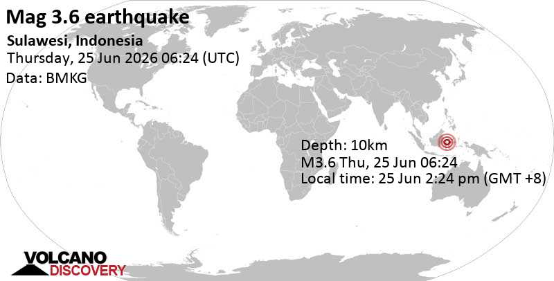 3.6 quake Kabupaten Sigi, 39 km southeast of Palu, Kota Palu, Sulawesi Tengah, Indonesia, Jun 25, 2026 02:24 pm (Makassar time)