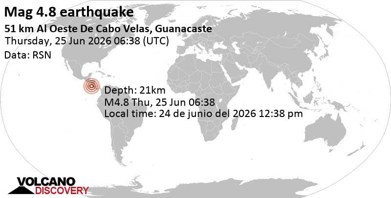 4.8 quake North Pacific Ocean, 95 km west of Liberia, Provincia de Guanacaste, Costa Rica, Jun 25, 2026 12:38 am (GMT -6)