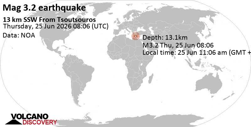 3.2 quake Eastern Mediterranean, 49 km south of Irakleion, Greece, Jun 25, 2026 11:06 am (GMT +3)