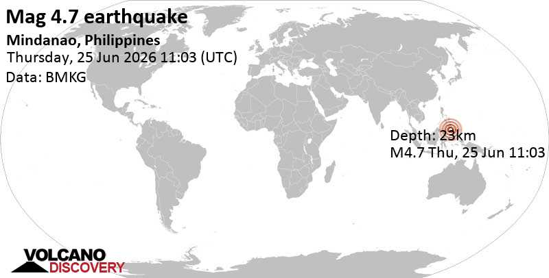4.7 quake Philippine Sea, 15 km east of Sarangani Island, Philippines, Jun 25, 2026 07:03 pm (Manila time)