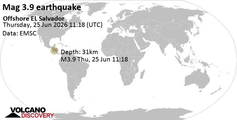 4.0 quake North Pacific Ocean, 83 km south of Usulutan, El Salvador, Jun 25, 2026 05:18 am (GMT -6)