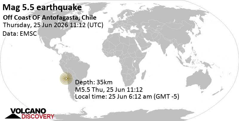 5.5 quake South Pacific Ocean, 245 km west of Antofagasta, Provincia de Antofagasta, Region de Antofagasta, Chile, Jun 25, 2026 06:12 am (GMT -5)