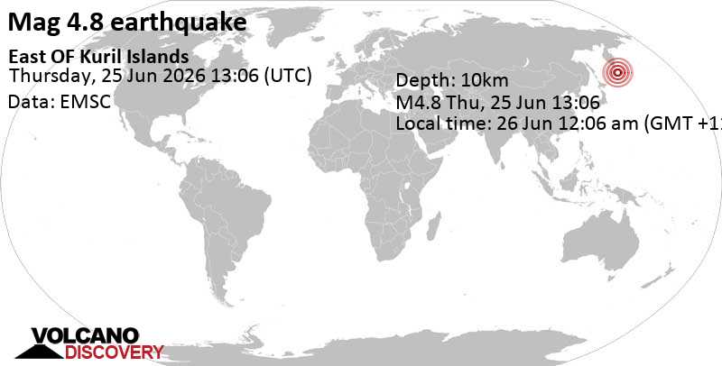 4.8 quake North Pacific Ocean, 113 km southeast of Ostrov Onekotan Island, Sakhalin Oblast, Russia, Jun 26, 2026 12:06 am (GMT +11)