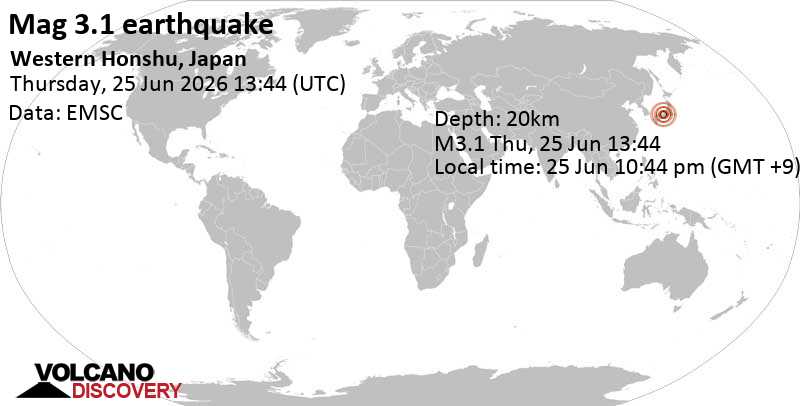 3.1 quake 25 km west of Kyoto, Kyoto, Japan, Jun 25, 2026 10:44 pm (GMT +9)