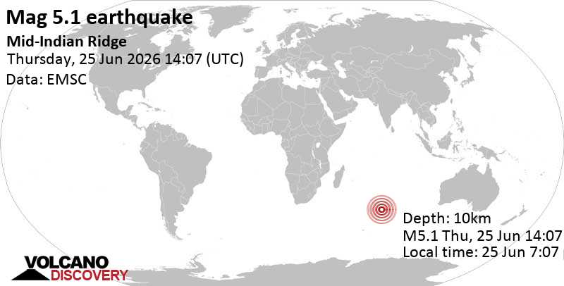 5.1 quake Indian Ocean, 48 km northeast of Ile Amsterdam Island, French Southern Territories, Jun 25, 2026 07:07 pm (GMT +5)