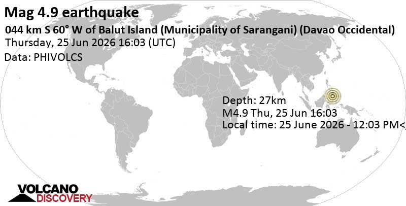 4.9 quake Celebes Sea, 51 km southwest of Sarangani Island, Philippines, Jun 26, 2026 12:03 am (GMT +8)