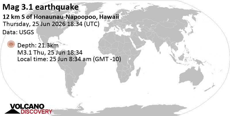 3.1 quake 23 mi southeast of Kailua-Kona, Hawaii County, Hawaii, United States, Jun 25, 2026 08:34 am (GMT -10)