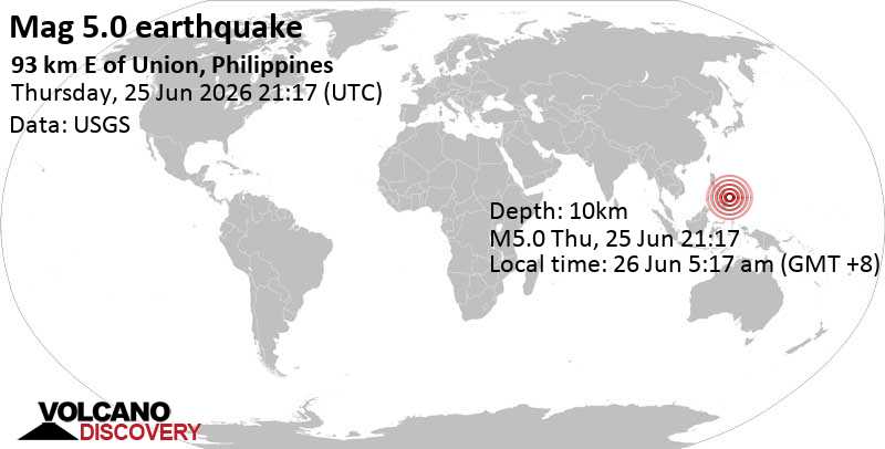 5.0 quake Philippine Sea, 99 km east of Siargao Island, Philippines, Jun 26, 2026 05:17 am (GMT +8)
