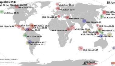 Worldwide earthquakes above magnitude 3 during the past 24 hours on 26 Jun 2026