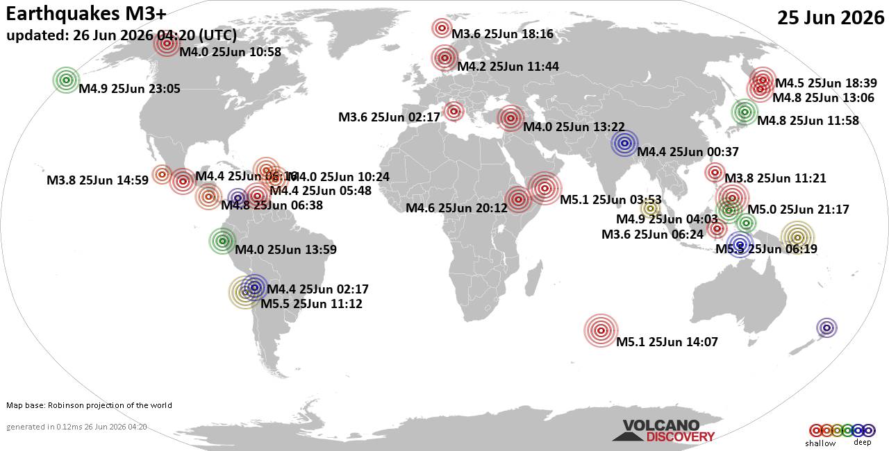 Worldwide earthquakes above magnitude 3 during the past 24 hours on 26 Jun 2026