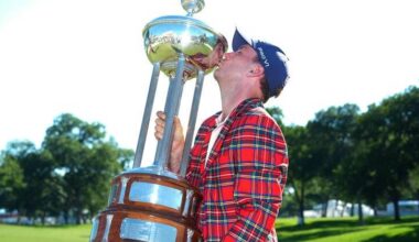 Fast finisher: Russell Henley enjoys the spoils of his Charles Schwab Challenge win in Texas. Photo: AP PHOTO