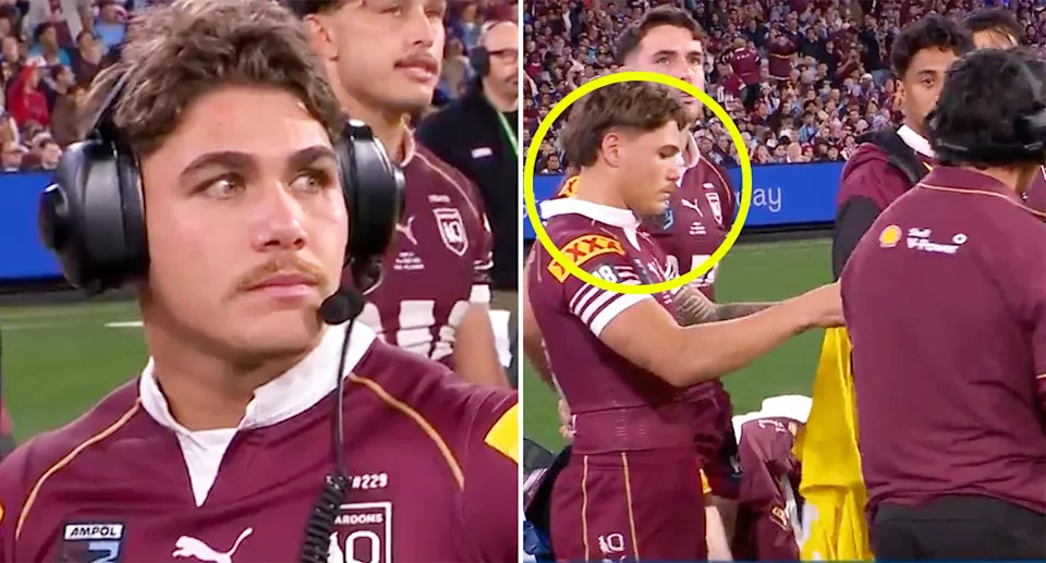 Reece Walsh, pictured here watching the entire State of Origin 2 from the bench.