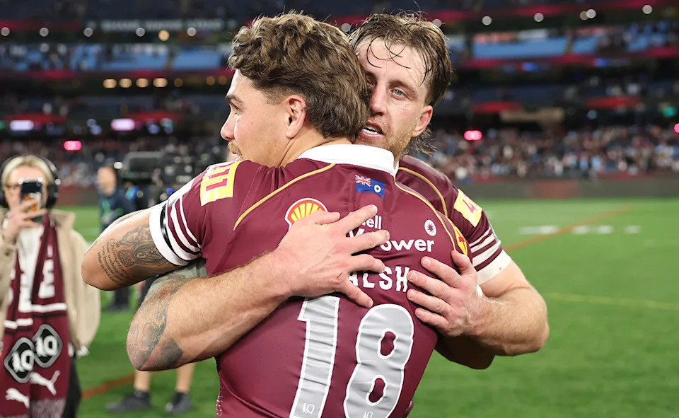 Reece Walsh, pictured here celebrating with Cameron Munster after Queensland's win in State of Origin 2.