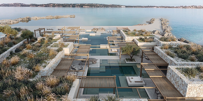 beach club’s stepped stone volumes and timber pergolas surround lagoon-like pool in greece - 2
