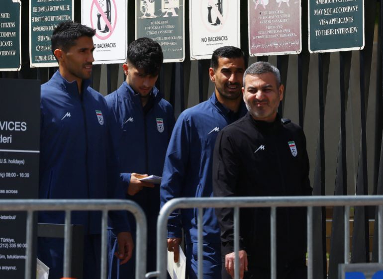 Soccer Football - Iran players and staff in Ankara for VISA procedures ahead of the World Cup - Ankara, Turkey - May 21, 2026 Iran's Seyed Hossein Hosseini, Ehsan Hajsafi and teammates outside the U.S. embassy for VISA procedures ahead of the World Cup REUTERS/Dilara Senkaya