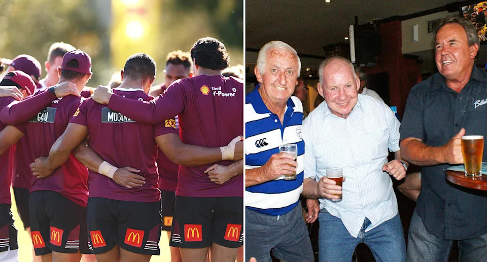 Ron Raper alongside Queensland State of Origin players.