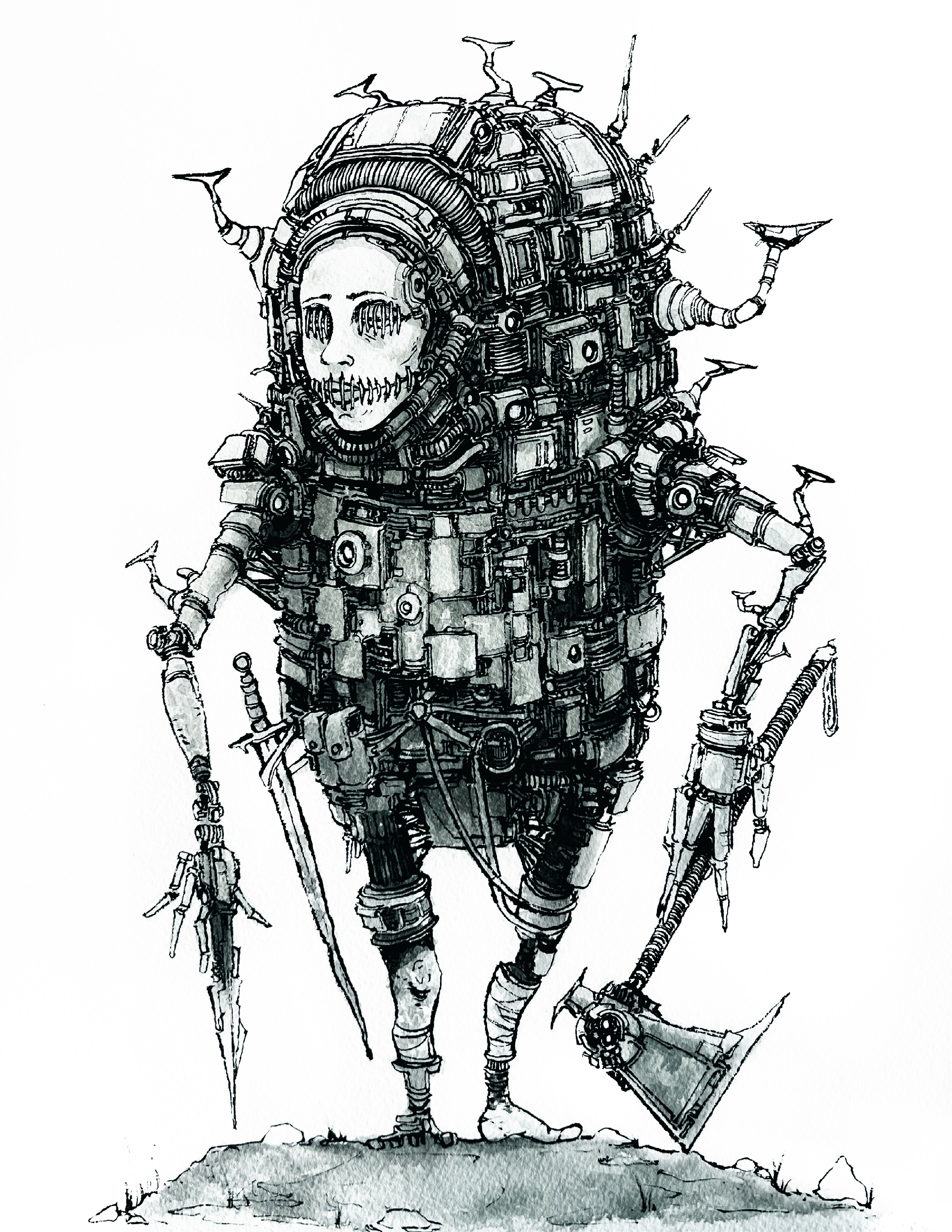 Black-and-white ink drawing of a robot character design