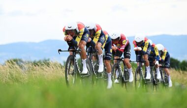 PERREUX, FRANCE - JUNE 09: A general view of Juan Ayuso of Spain, Julien Bernard of France, Lennard Kamna of Germany, Quinn Simmons of United States, Mattias Skjelmose of Denmark, Toms Skujins of Latvia, Carlos Verona of Spain and Team Lidl - Trek compete during the 78th Tour Auvergne-Rhone-Alpes 2026, Stage 3 a 28.4km team time trial stage from Perreux to Perreux / #UCIWT / on June 09, 2026 in Perreux, France. (Photo by Dario Belingheri/Getty Images)
