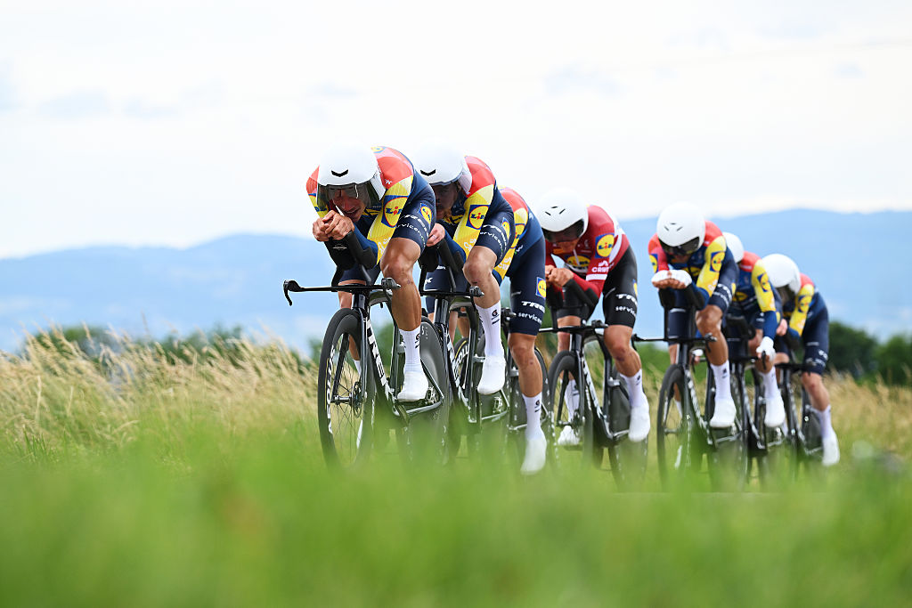 PERREUX, FRANCE - JUNE 09: A general view of Juan Ayuso of Spain, Julien Bernard of France, Lennard Kamna of Germany, Quinn Simmons of United States, Mattias Skjelmose of Denmark, Toms Skujins of Latvia, Carlos Verona of Spain and Team Lidl - Trek compete during the 78th Tour Auvergne-Rhone-Alpes 2026, Stage 3 a 28.4km team time trial stage from Perreux to Perreux / #UCIWT / on June 09, 2026 in Perreux, France. (Photo by Dario Belingheri/Getty Images)