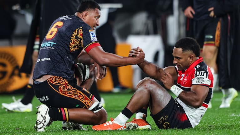 Samipeni Finau of the Chiefs and Sevu Reece of the Crusaders after the match, Chiefs v Crusaders, semi final match of the 2026 Super Rugby Pacific rugby union competition at FMG Stadium, Hamilton.